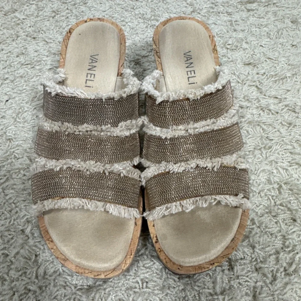 Vaneli Carry Espadrilles‎ Wedge Slip On Strappy Sandals Size 7 Metallic Fringe
